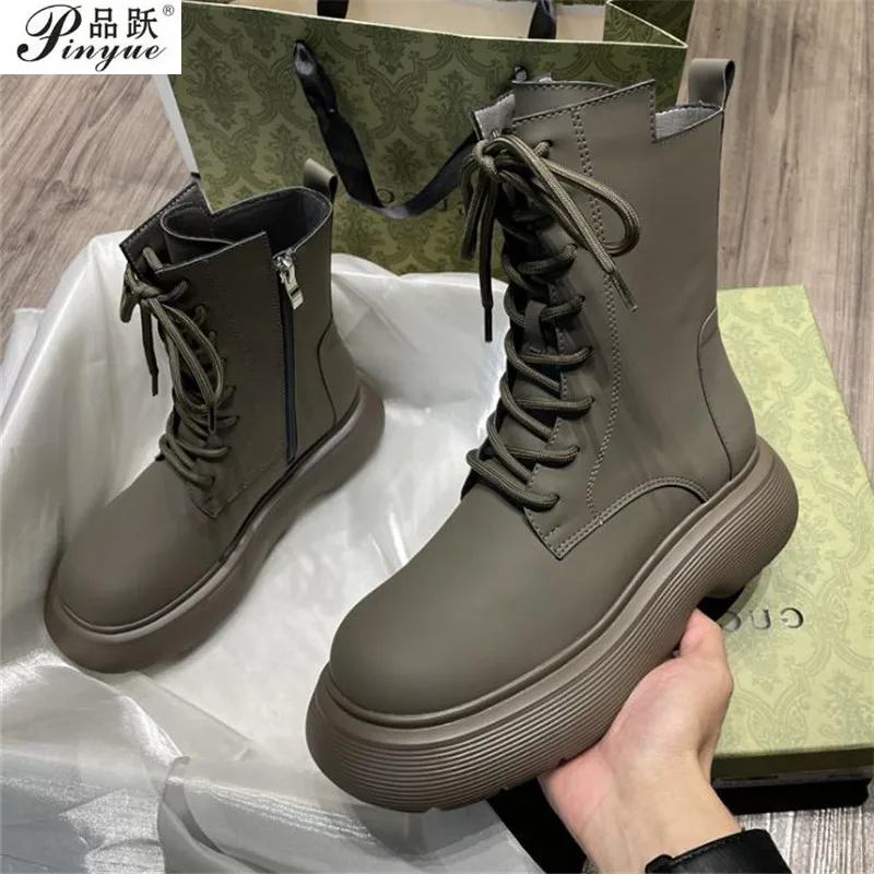 

Women's Chunky Low Heels Boots Lace Up Back Zipper 2021 Autumn Trend Design For Females Black White Classic Motorcycle Boots