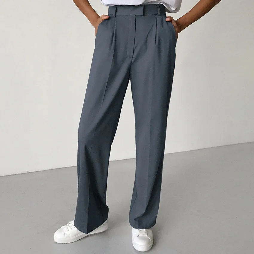 

LEXIE ZHANG 2021 Summer New Gray Pleated Zipper Straight Tube High Waist Commuter Fashion Suit Pants Wide Leg Pants Women