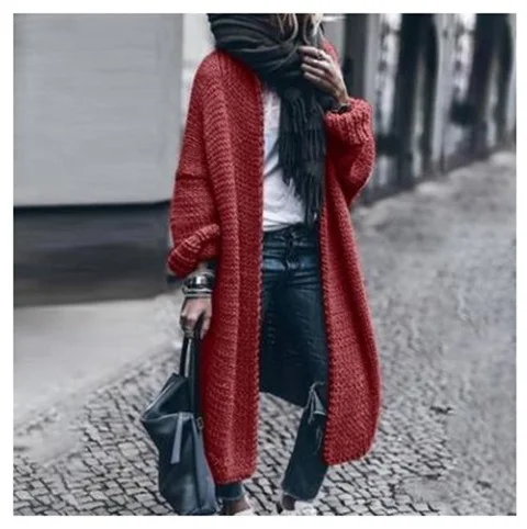 

Mandylandy Autumn Winter Fashion Knitted Cardigan Sweater Women's Casual Solid Color Loose Long Sleeve Long Type Sweater