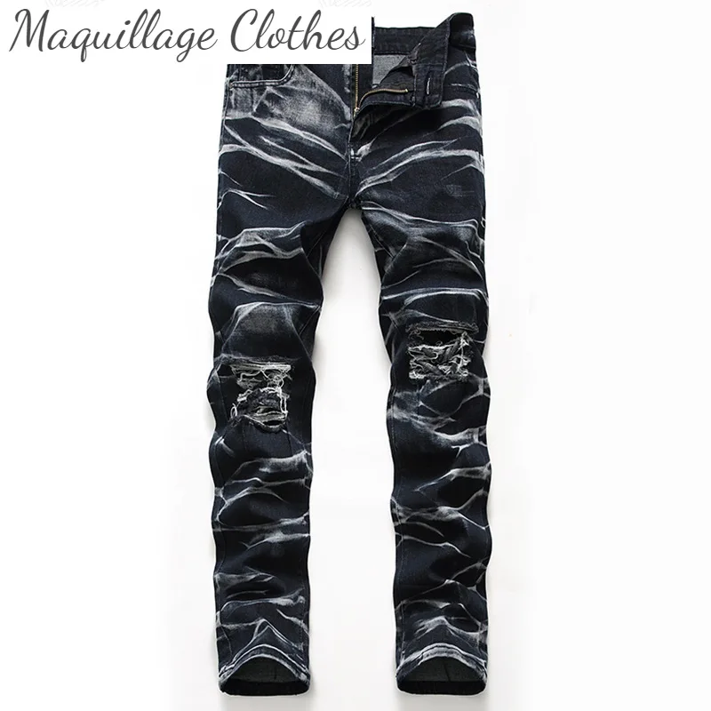 

Брюки мужские рваные джинсовые, модные плиссированные прямые брюки из денима, уличная одежда с эффектом потертости