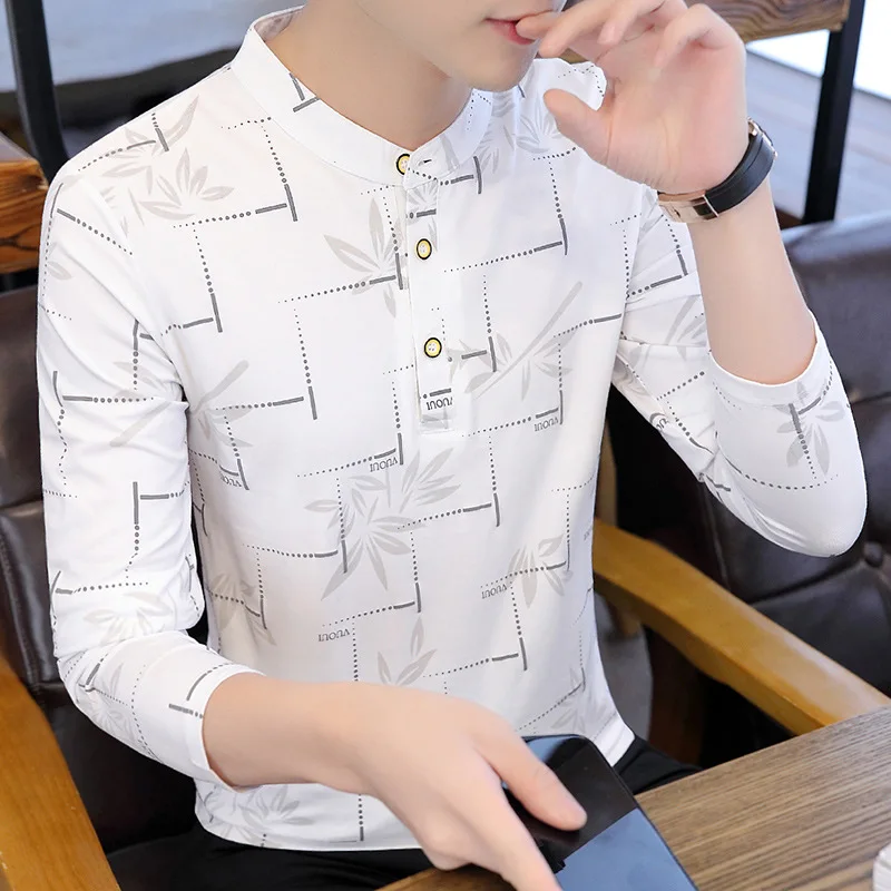 

Men's fashion long sleeve T-shirt new stand collar print top
