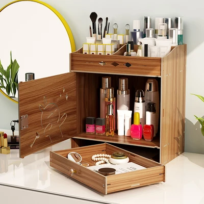 brown Большой емкости деревянный ящик для хранения косметики DIY спальня с заблокированным ящиком Органайзер чехол серьги кольцо дисплей - Цвет: brown