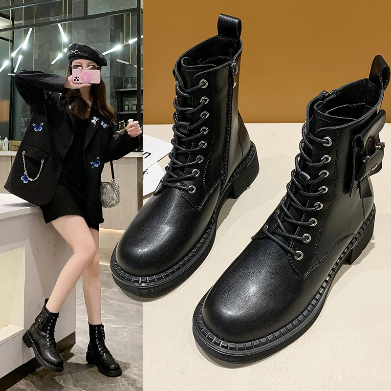 

HKYX 2021 NEW Nice Combat Boots Women White Leather Motorcycle Boots Mid Heeled Gothic Shoes Black Ankle Boots