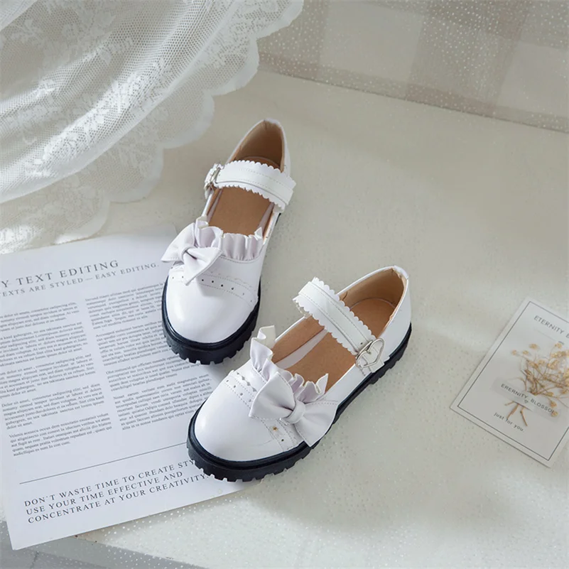 

AGODOR Flat Plaform Mary Jane Shoes Women Lolita Style Flats Bow Round Toe Dress Shoes Buckle Female Footwear School White 34-43