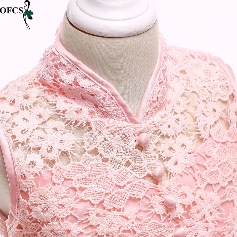

OFCS New China Wind Lace Princess Dress Girl Children Sleeveless Gauze Dress Formal Ball Gown Wedding 4 To 12 Years Old Retail