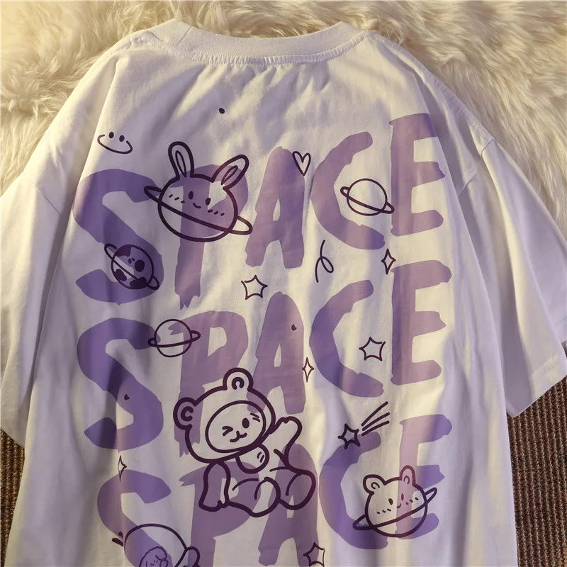 Cotton Bear Graffiti Short Sleeve Space Print T-shirt Loose 2021new Summer Trend Half Sleeved Retro Tshirt Oversize Streetwear