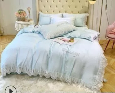 Blue ANNAs хороший набор свадебного постельного белья качество Девушки Красивая наволочка лаконичное кружево розовый тенсель пододеяльник лед шелк простыня - Цвет: Blue