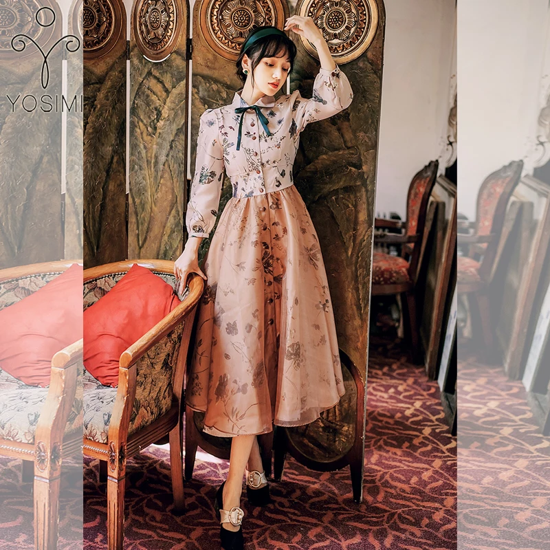 

YOSIMI 2021 Autumn Khaki Long Women Dress Organza Print Vestidos Mid-calf Fit and Flare Bow Peter Pan Collar Long Sleeve Dress