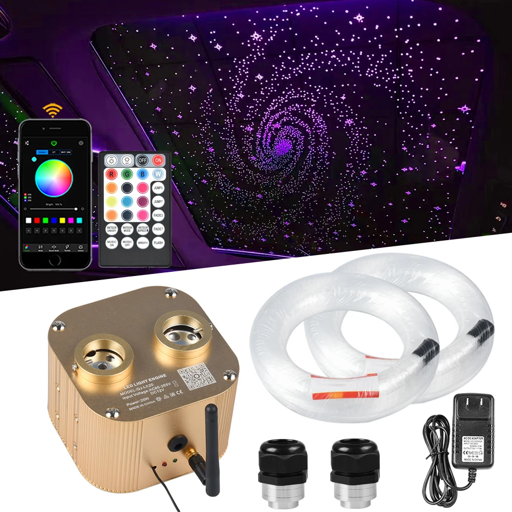 20W Twinkle Double Heads Fiber Optic Starry Ceiling Kit With Smart Bluetooth App/RF Control + 0.75mm 300-550PCS 4M Cable