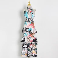 hollow out midi dresses for women stand collar sleeveless high waist sexy print sashes slim dress female new summer
