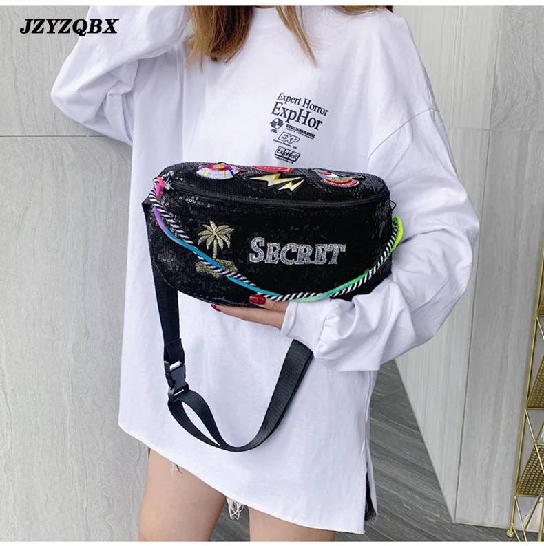 JZYZQBX Женская поясная сумка с блестками, поясная сумка, сумка формы «банан», Большая вместительная сумка для груди, водонепроницаемая сумка из искусственной кожи, поясная сумка