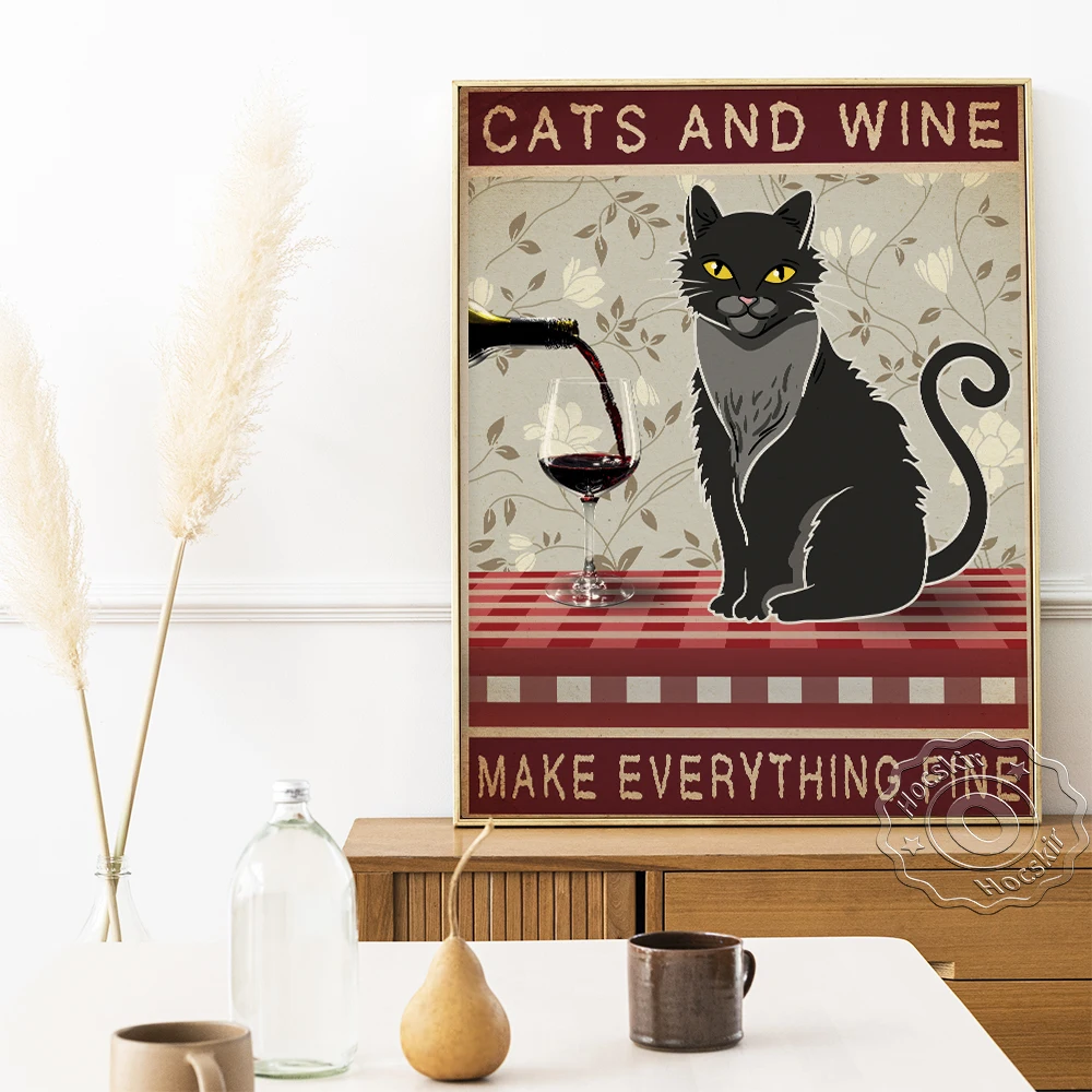 Humor Spoof Любовь Кошки цитаты плакат крутая черная кошка питьевое вино холст