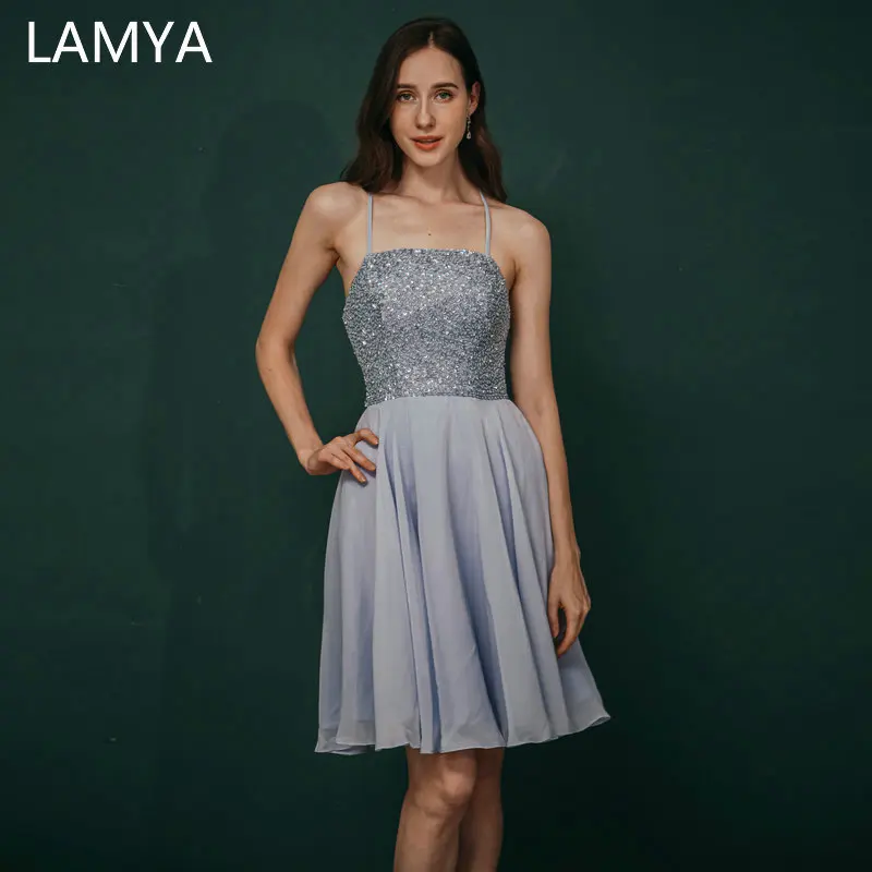 

LAMYA Backless Gray Prom Dresses 2023 Elegant Knee Length Evening Dress Plus Size Chiffion Party Formal Gown Vestido de Festa