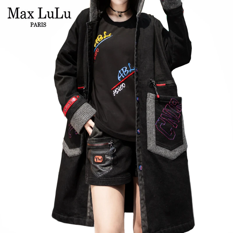 Женское джинсовое пальто Max LuLu Черное длинное с капюшоном в Корейском стиле