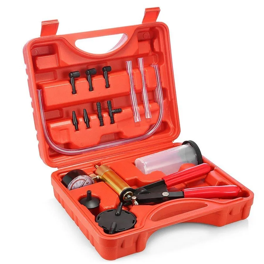

Hand Held Vacuum Pump Tester Set, Car Motorbike Vacuum Gauge and Brake Bleeder Kit,Fluid Bleeding Kit with Adapters TP-0133