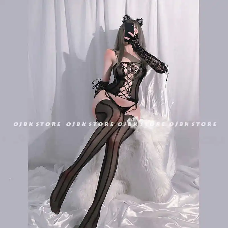

OJBK Sexy lingerie Hot Erotic Outfit 3Pcs Bodysuits open crotch elasticity mesh Top and stockings Anime cosplay costume Stocking