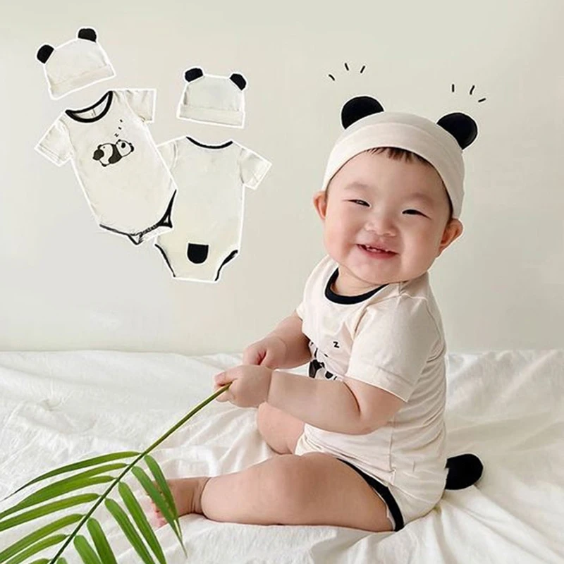 

Baby Clothing 2022 Summer New Infant Jumpsuit Baby Girl Clothes Sets Panda Print Baby Triangle Romper Send Cute Hats 3-24 Months