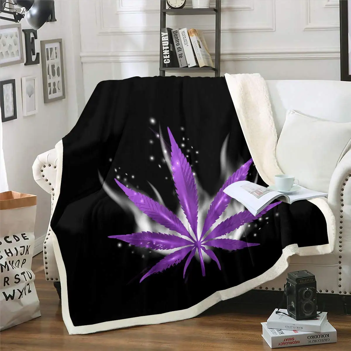 

Leaf Fleece Throw Blanket for Sofa Bed Couch Weed Leaf Plush Blanket Chic Smoky Leaves Sherpa Blanket Purple
