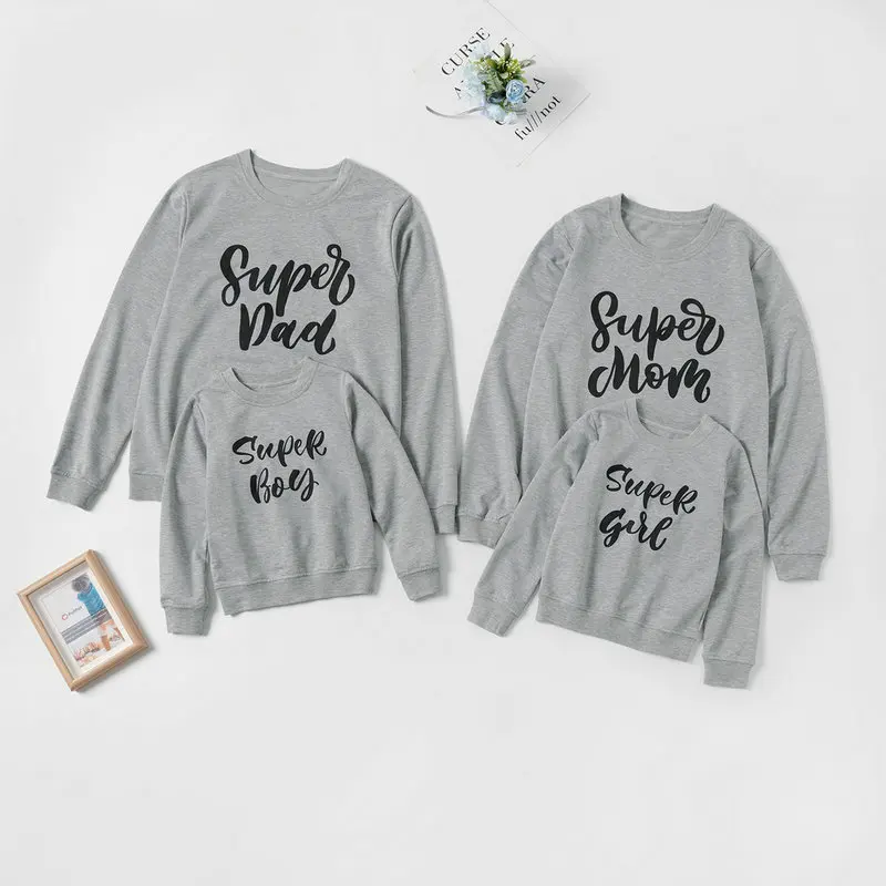 

Super Dad Mom Boy Girl Letter Printed Family Matching Hoodies Clothes Outfits Grey Sport Sweatshirts For Mother Daughter Son