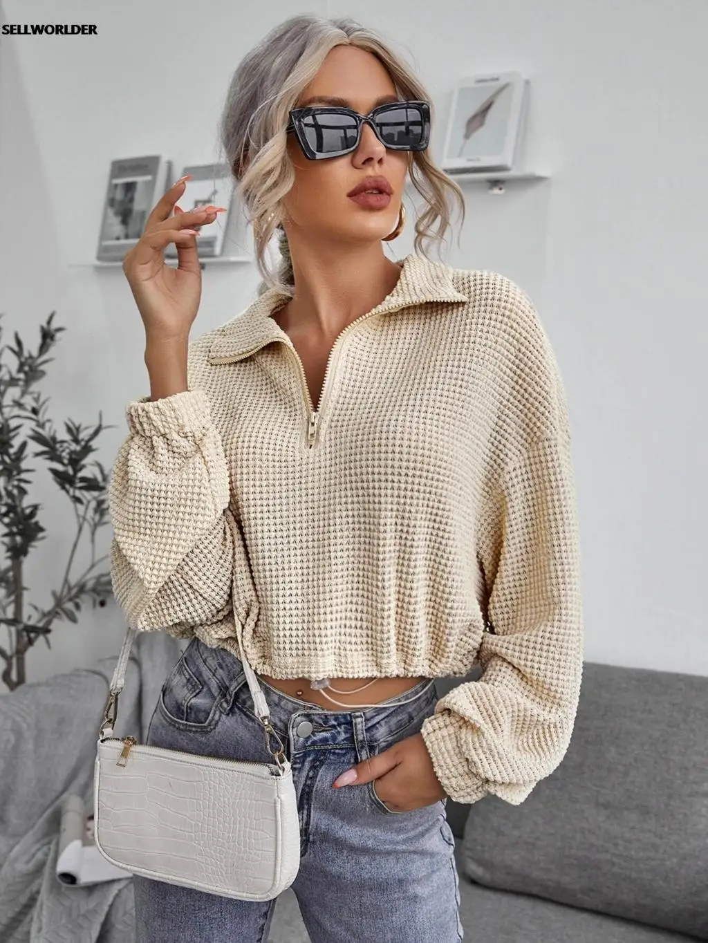 Women Drawstring lapel knitted pullover POLO shirt Long Sleeve Girl Streetwear Ladies White Sweater