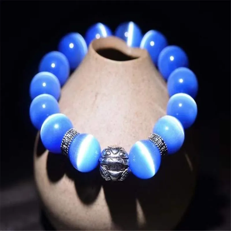 Браслет кошачий глаз из натурального камня розового и голубого цвета эластичный