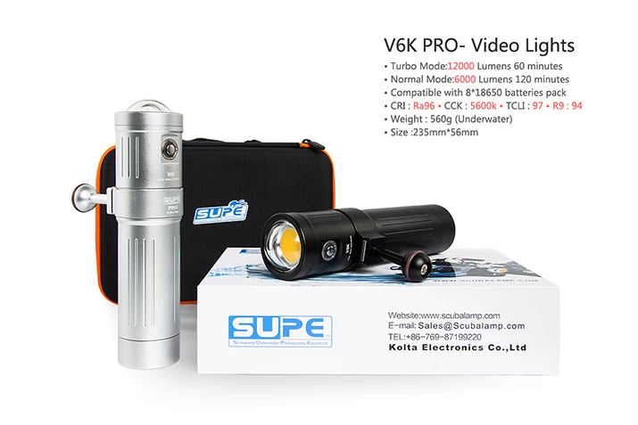 SUPE Scubalamp V6K Pro Видео светильник белый Турбо режим-нормальный-тусклый угол луча 120 градусов 6A зарядные фонари для подводного плавания