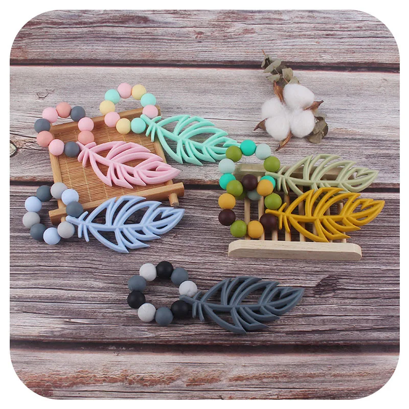 Coskiss-pulsera con colgante de hoja de silicona para reci&eacute;n nacido, brazalete con cuentas redondas de silicona de 15MM, para dentici&oacute;n de beb&eacute;-3