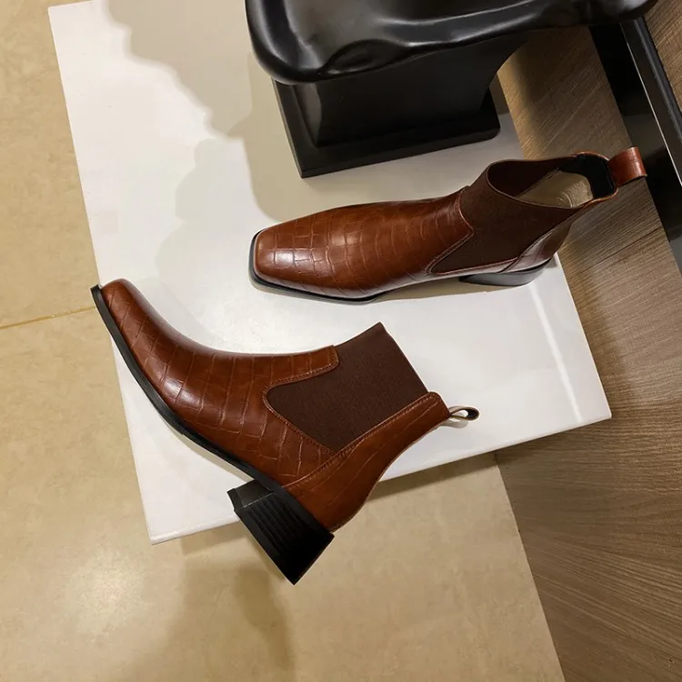 

MLJUESE 2021 women ankle boots soft Split leather winter short plush slip on square toe high heels female Chelsea boots