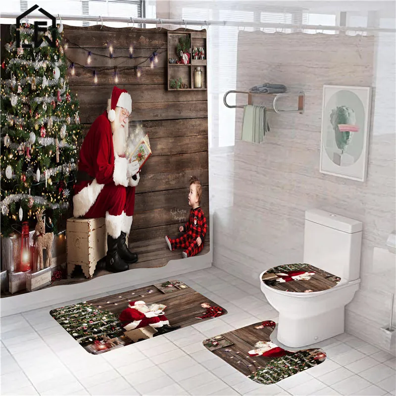 

Realistic Christmas Window Polyester Shower Curtain Bathroom Festival Decoration Toilet Bath Mat Soft Rugs Carpet Home Supplies