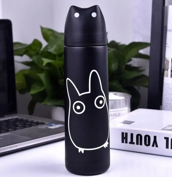 Black TECHOME 500 мл милый мультфильм Themos нержавеющая сталь Вакуумная чашка Термокружка термос чашка подарок для друга дорожная бутылка - Цвет: Black
