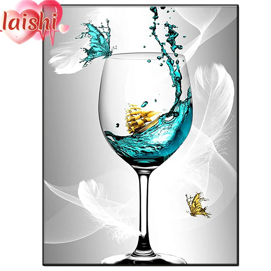 

3D Diy Light luxury decoration, wine glass sailboat, feathers Diamond Painting Art Diamond Picture Mosaic Gift Home Wall Decor
