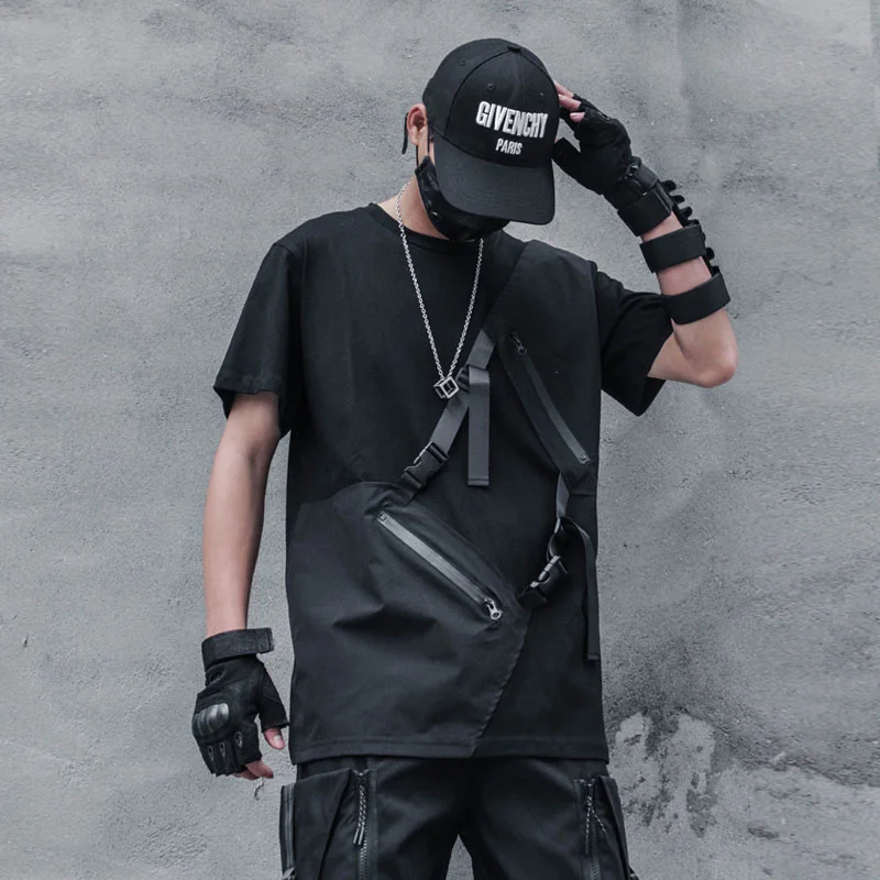 

Hop Hip T-Shirt Men 2021 Summer Zipper Patchwork Ribbon Design Streetwear Tshirts Cotton Tops Tees WB174