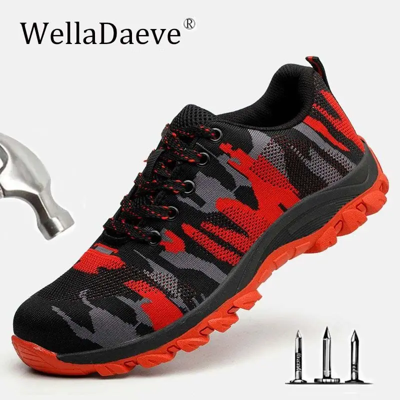 

Men And Women Steel Toe Cap Safety Shoes Camouflage Breathable Sneaker Construction Footwear Puncture Proof Air Mesh Work Boots