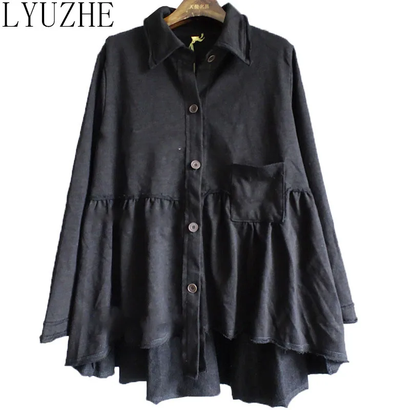 

LYUZHE Vintage Spring Women Coat 2022 Lapel Irregular Long Sleeve Coat Solid Patchwork Female Coat Loose Jackets Black QDY079