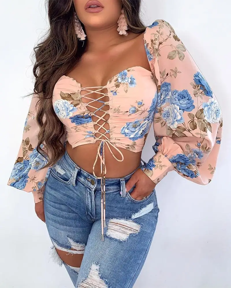 

2021 Summer New Style Elegant Fashion Casual Flower Long-sleeved Drawstring Lace Blouse