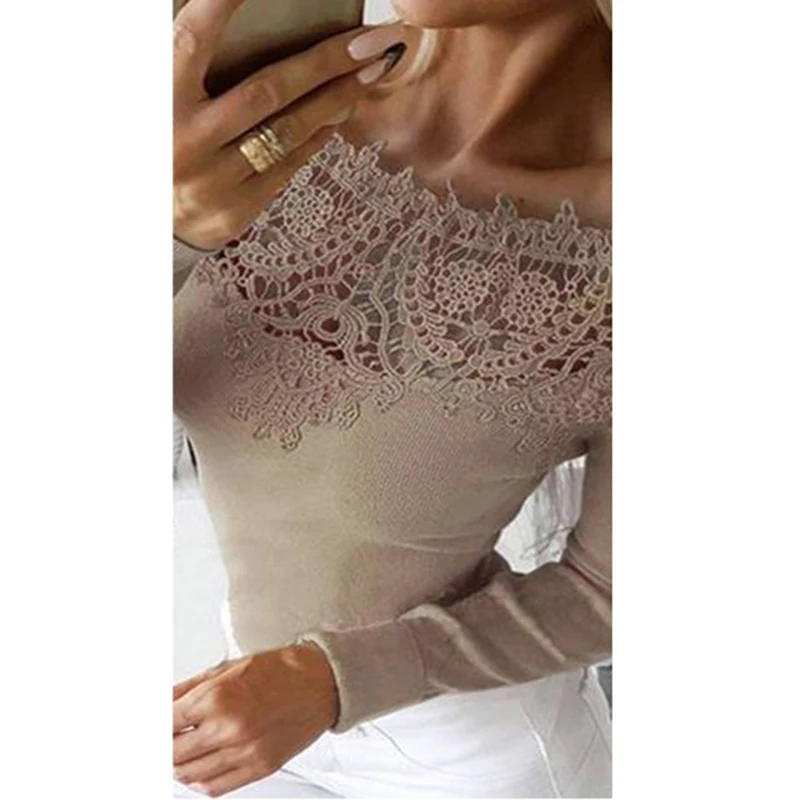 С открытыми плечами женские блузки с длинным рукавом кружева сшивание Женские