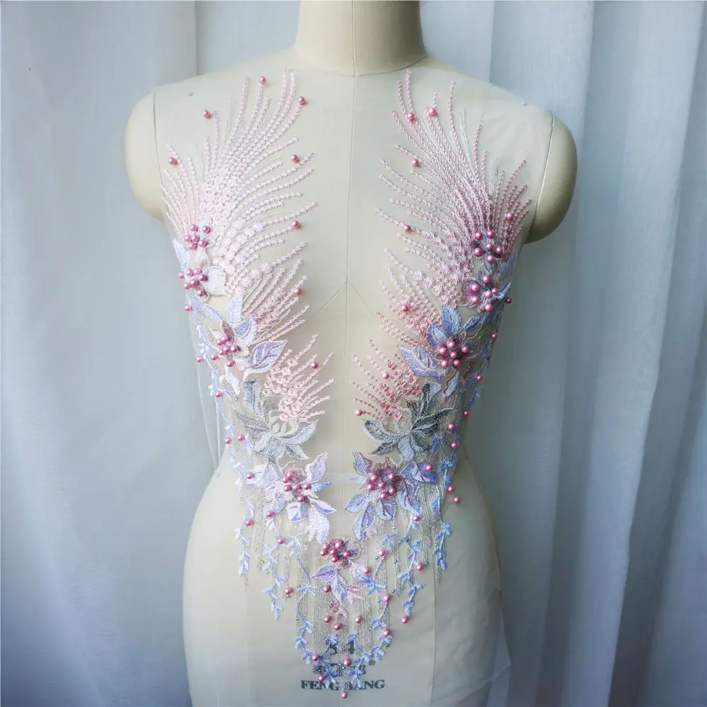 Розовые кружевные ткани цветы кисточки стразы вышивка Аппликации воротник сетка