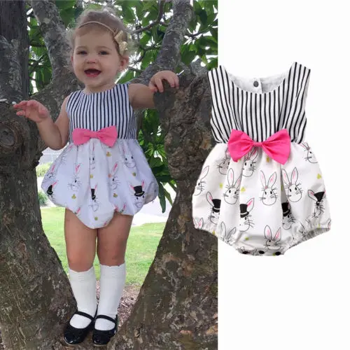 

Lovely Pretty 0-24M Summer Party Newborn Infant Baby Girls Cotton Sleeveless O-Neck Striped Rabbits Print Bow Bodysuit