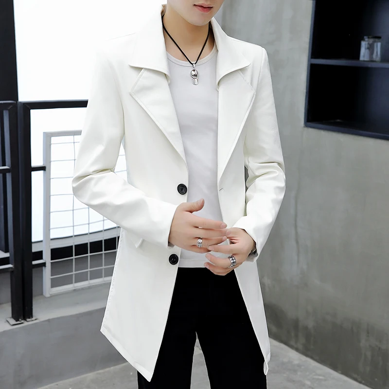 

Brand Fashion Trench Coat Men Autumn Pu Leather Motorcycle Long Jacket England Style Slim Fit Black Leather Windbreaker M-3XL
