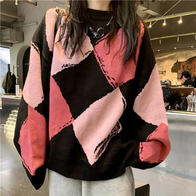 

Клетчатые пуловеры с рисунком ромбиками, вязаные свитера с круглым вырезом, Женский облегающий джемпер, свитер в стиле преппи с длинными ру...