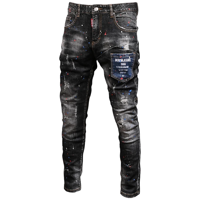 Autumn Men's Dots Printed Black Ripped Jeans Streetwear Casual Slim Fit Pencil Pants Cotton Denim Trousers