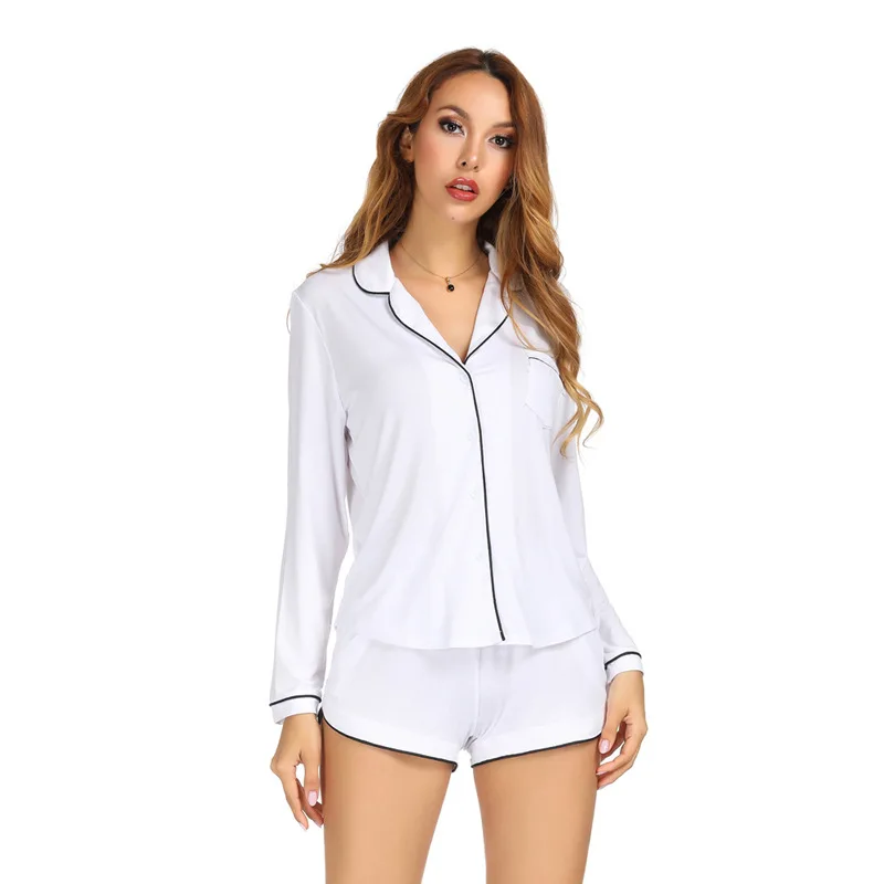 

Long Sleeve Pajamas with Shorts Set Cotton Pajamas Set Turn-down Collar Night Shirt Casual Home Clothing Sleepwear White Black