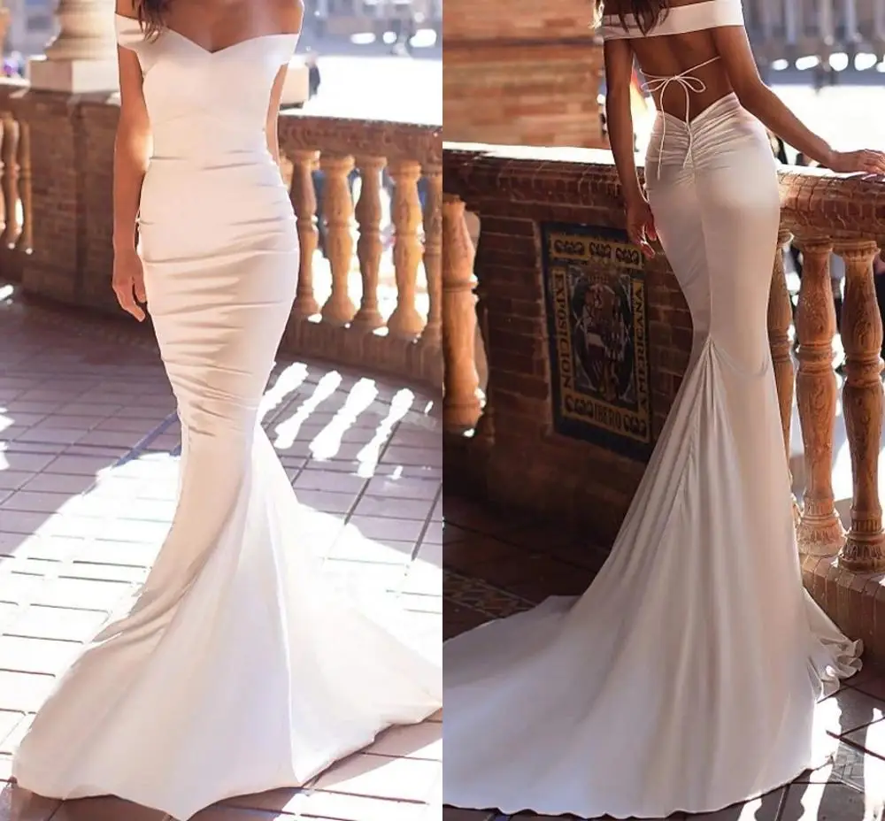 Sexy White Engagement Formal Evening Dress Off Shoulder Backless Court Train Satin Prom Bridal Gowns Abendkleider backless lace long formal engagement evening dress