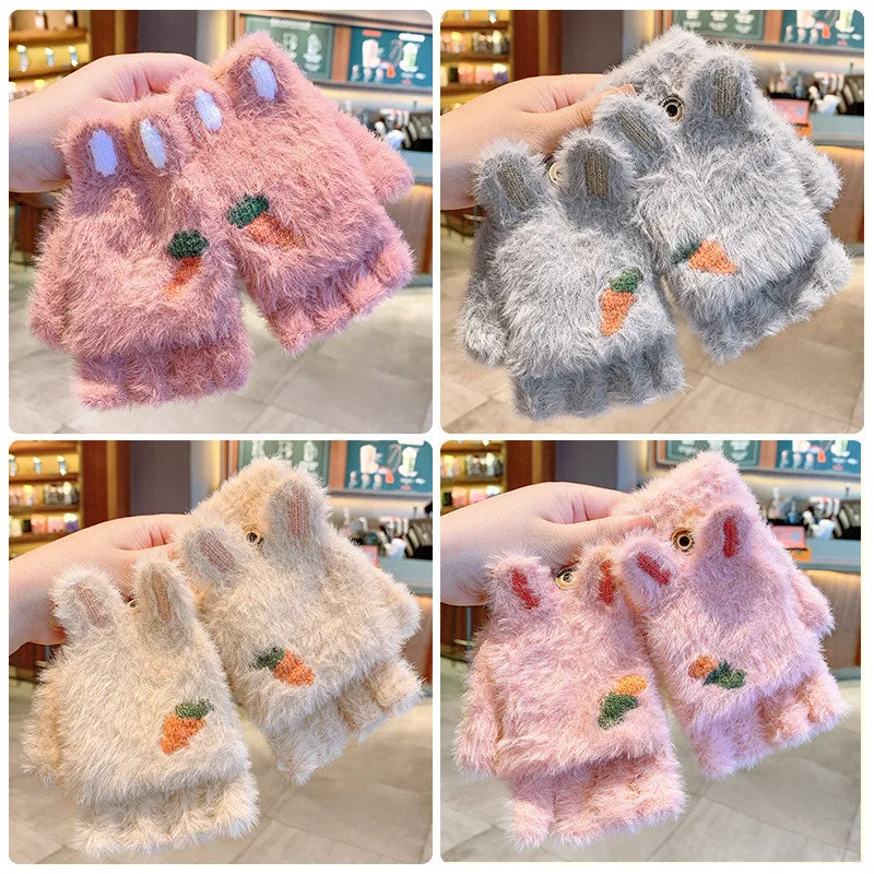 

Winter Girls Flipped Half Finger Gloves Cute Rabbit Ears Plush Gloves Warm Knitted Fingerless Mittens Soft Thicken Outdoor Glove