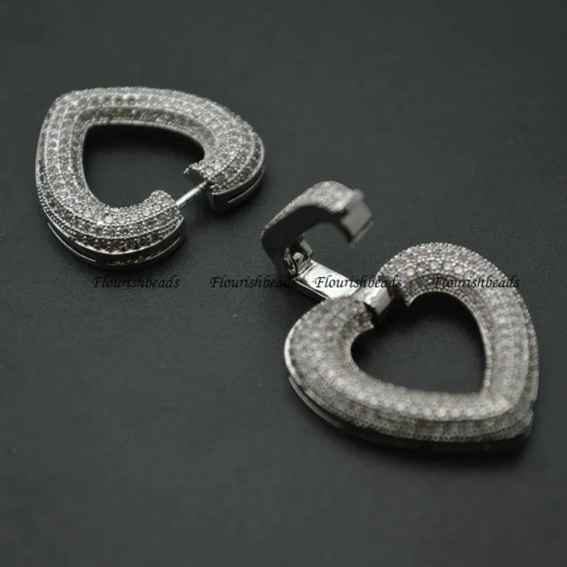 24x48mm Paved CZ Beads Double Heart Shape Necklace Clasps Fashion Jewelry Accessories 5pc per Lot