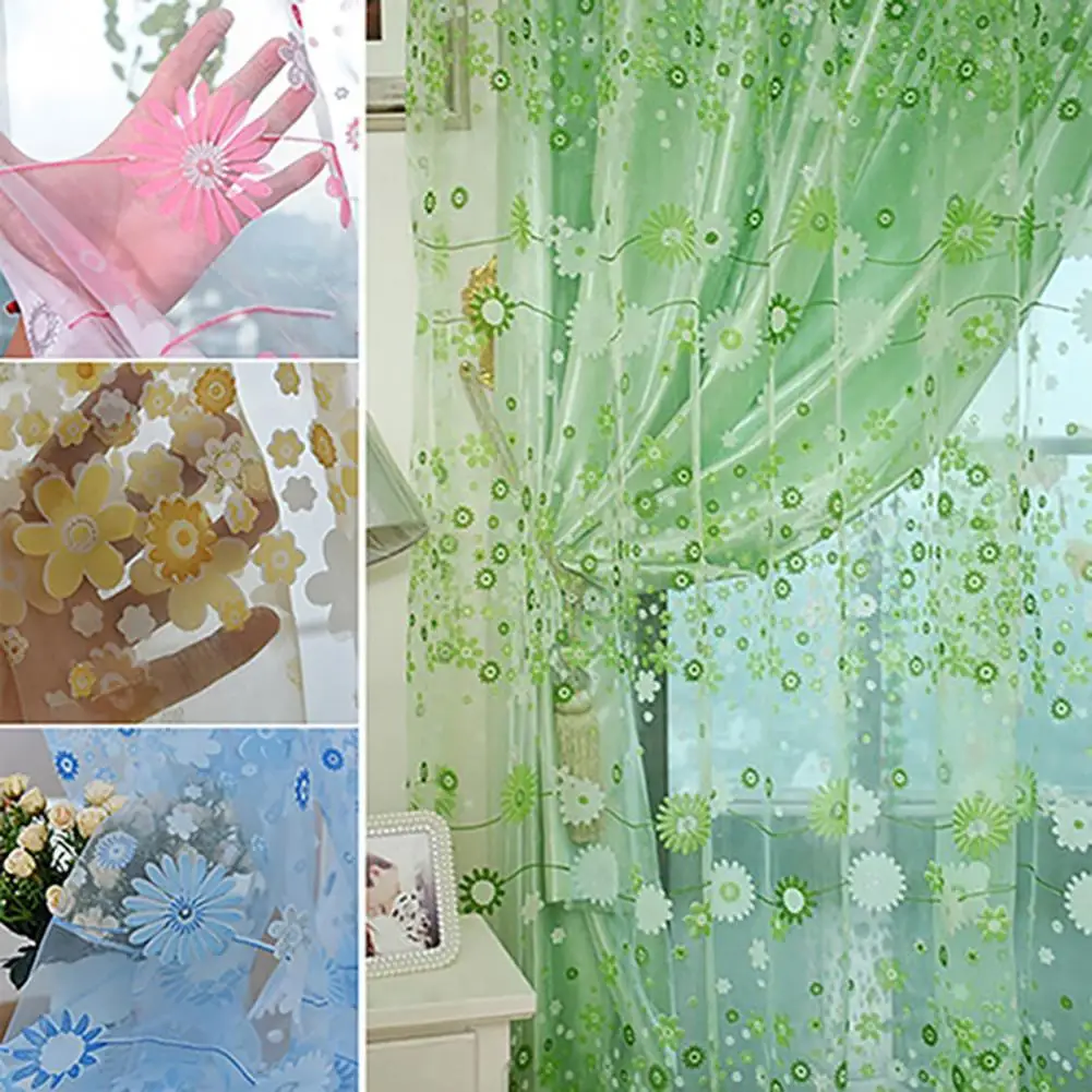 

Home Window Door Room Decoration Pastoral Sunflower Divider Sheer Voile Curtain Translucent Floral Window Voile For Home Hotel