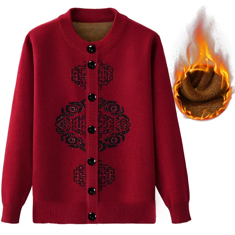 Свитер для пожилых женщин кардиган осень-зима плюс бархатный плотный