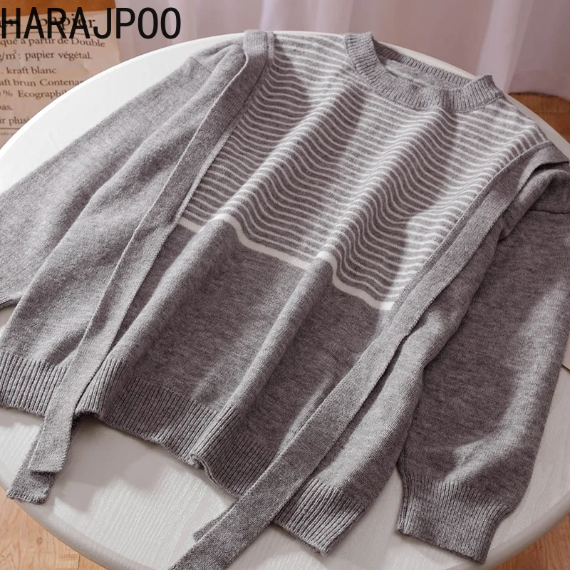

Женские пуловеры Harajpoo, имитация двух частей, с круглым вырезом, полосатый корейский Повседневный женский осенний сезон 2021, свободный трикот...