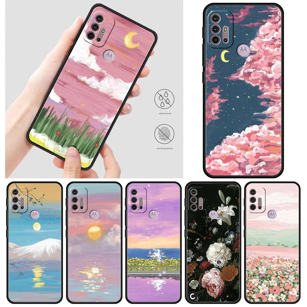 

Oil Painting Cases For Motorola One Fusion G30 G9 Play G8 Power Lite E6s G Stylus Edge 20 Pro Black TPU Phone Shell