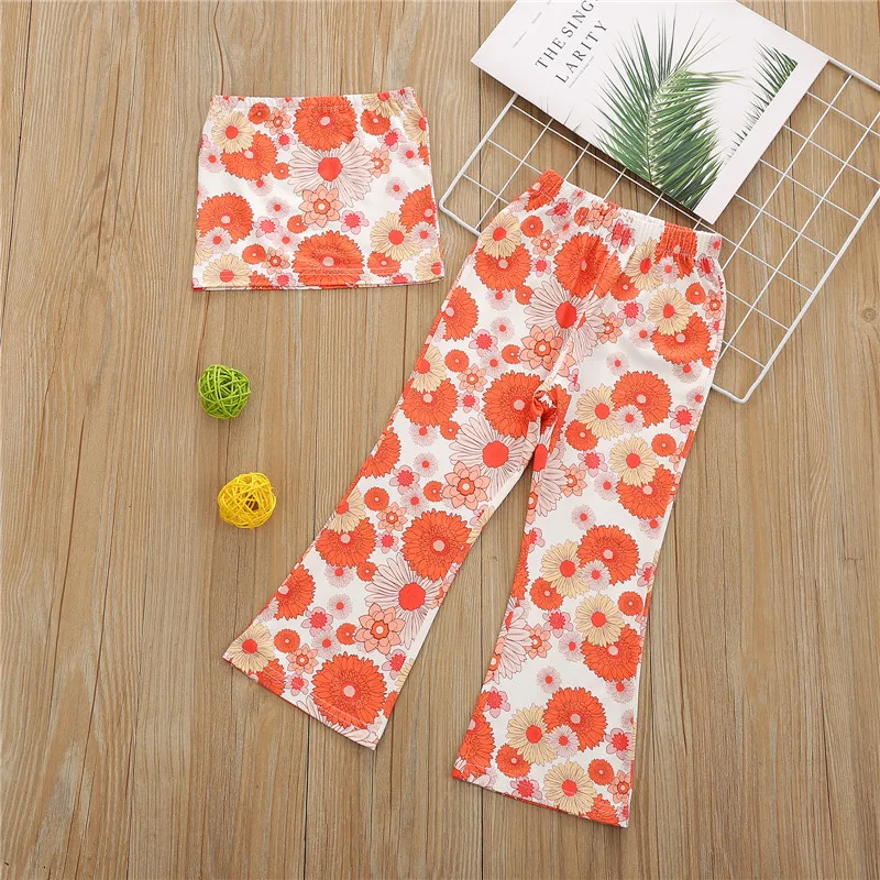 

Детская Комплекты летней одежды в богемном стиле для отдыха платье без рукавов с открытой спиной Короткие маечки и расклешенные брюки прин...